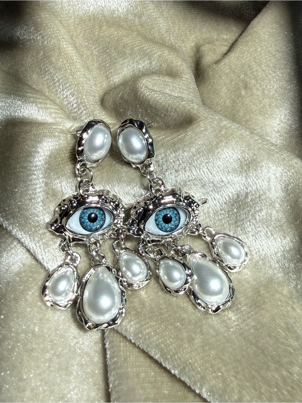 Blue Evil Eye Drop Earrings with Pearl Accents - Picture 5 of 5